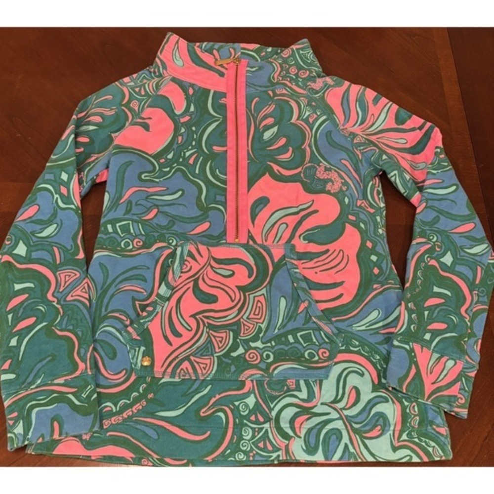 Lilly Pulitzer S‎ Pink Floral Skipper 1/4 Zip Kangaroo Pocket Pullover Jacket